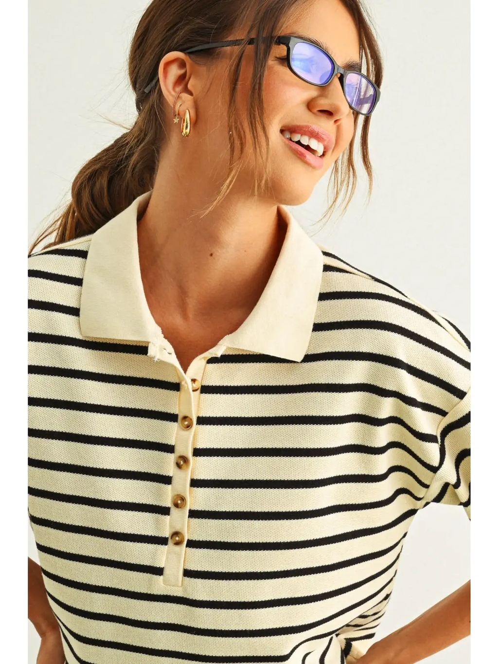 Stripe Pattern Short Sleeve Polo Shirts - CREAM & BLACK