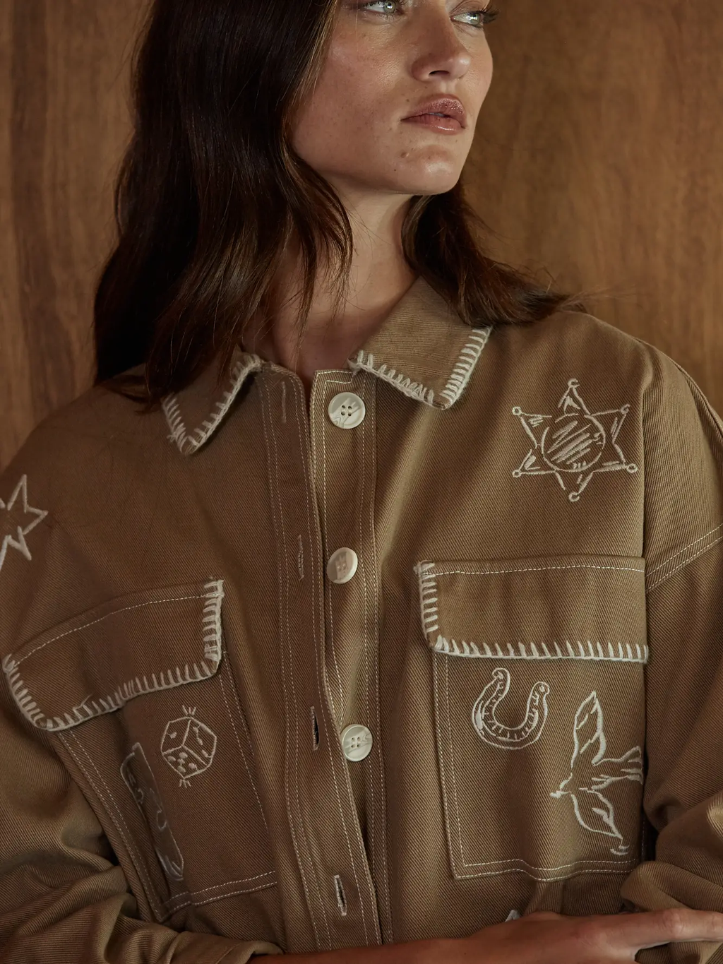 Woven Denim Cotton Embroidered Button Down Jacket