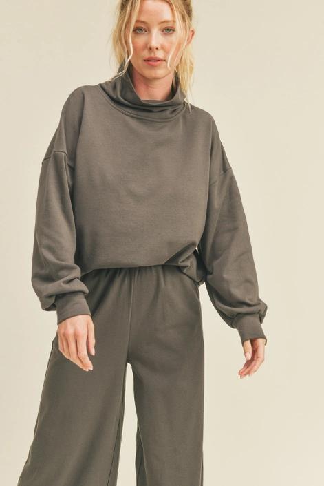 Grey Draped Mock Neck Top & Wide Leg Pant Set