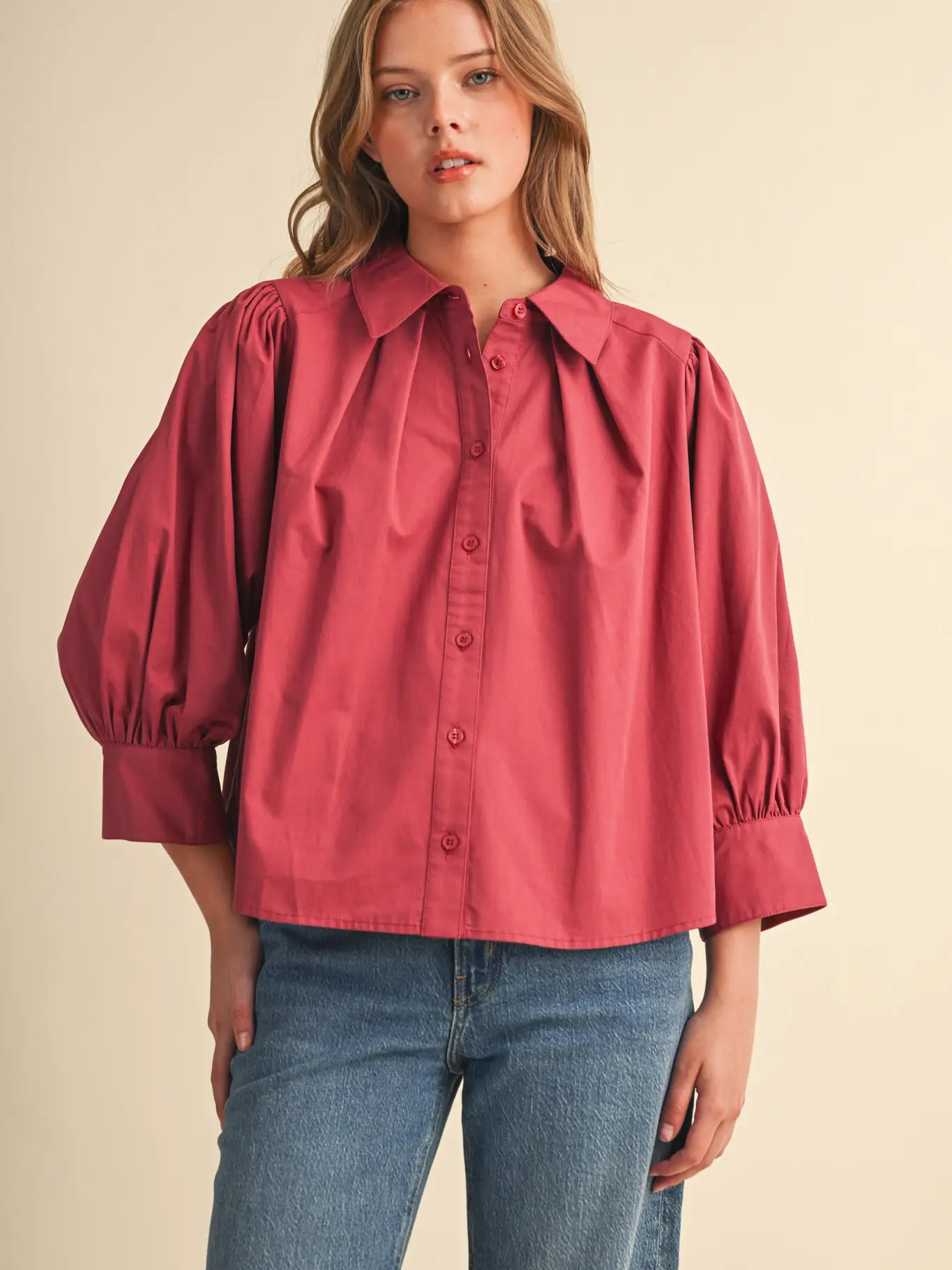 Puff Sleeve Button Down Top - ROSEWOOD PINK