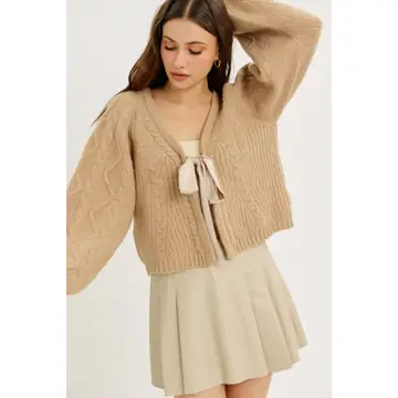 Warm Hug Cable Sweater Cardigan with Ribbon Tie - LATTE