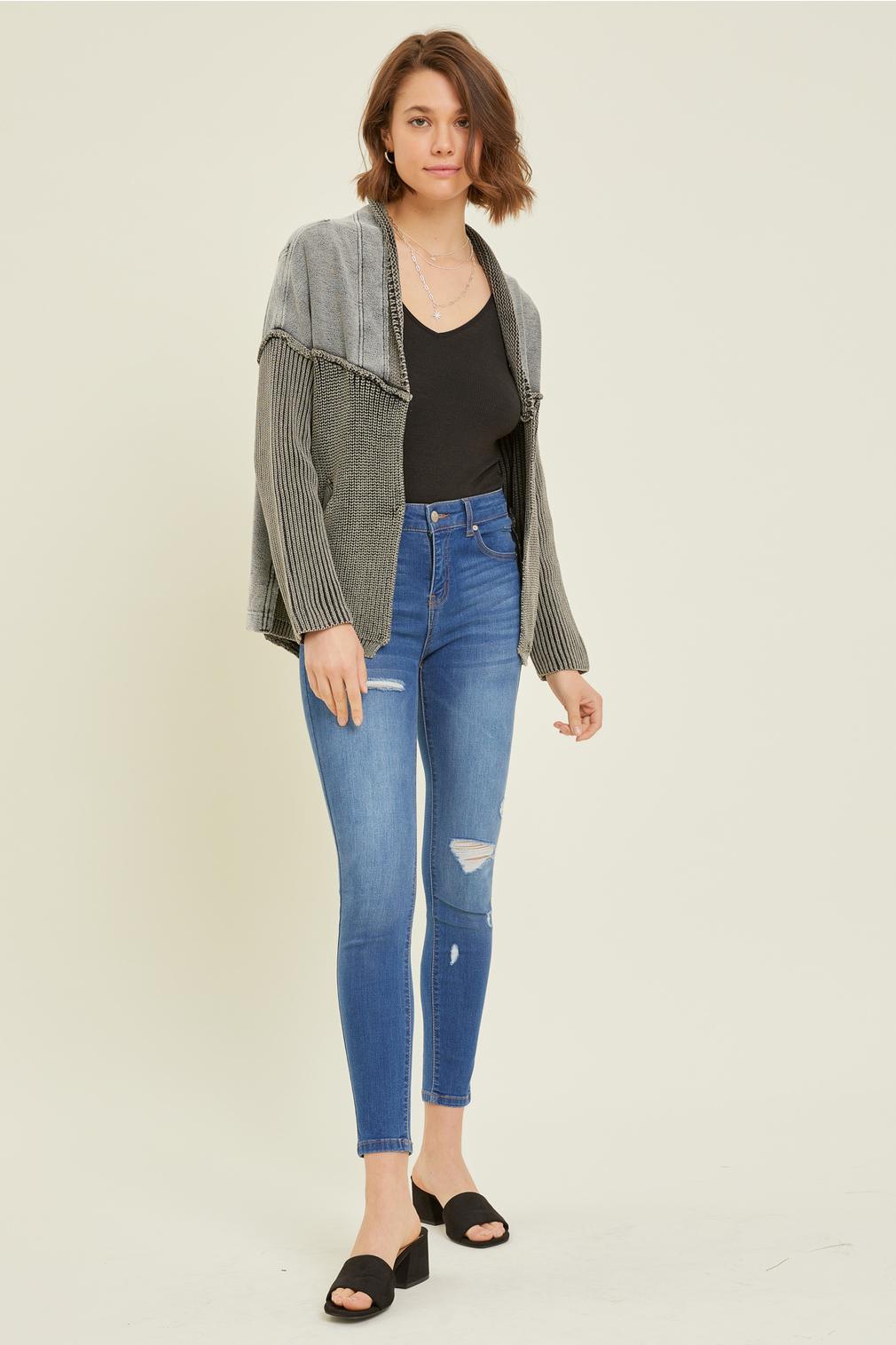 WESTERN WASHED TERRY CARDIGAN WITH CABLE KNIT SWEATER WASHED RUST - BLACK