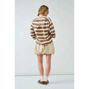 Stripe Polo T Shirt W/Sleeve Adjustable Tab - brown