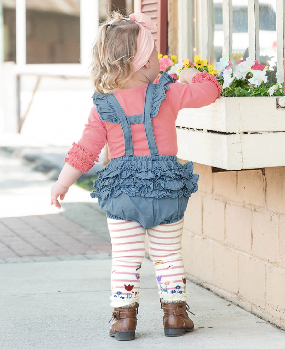 Baby Girls Light Wash Woven Flutter Overall Romper