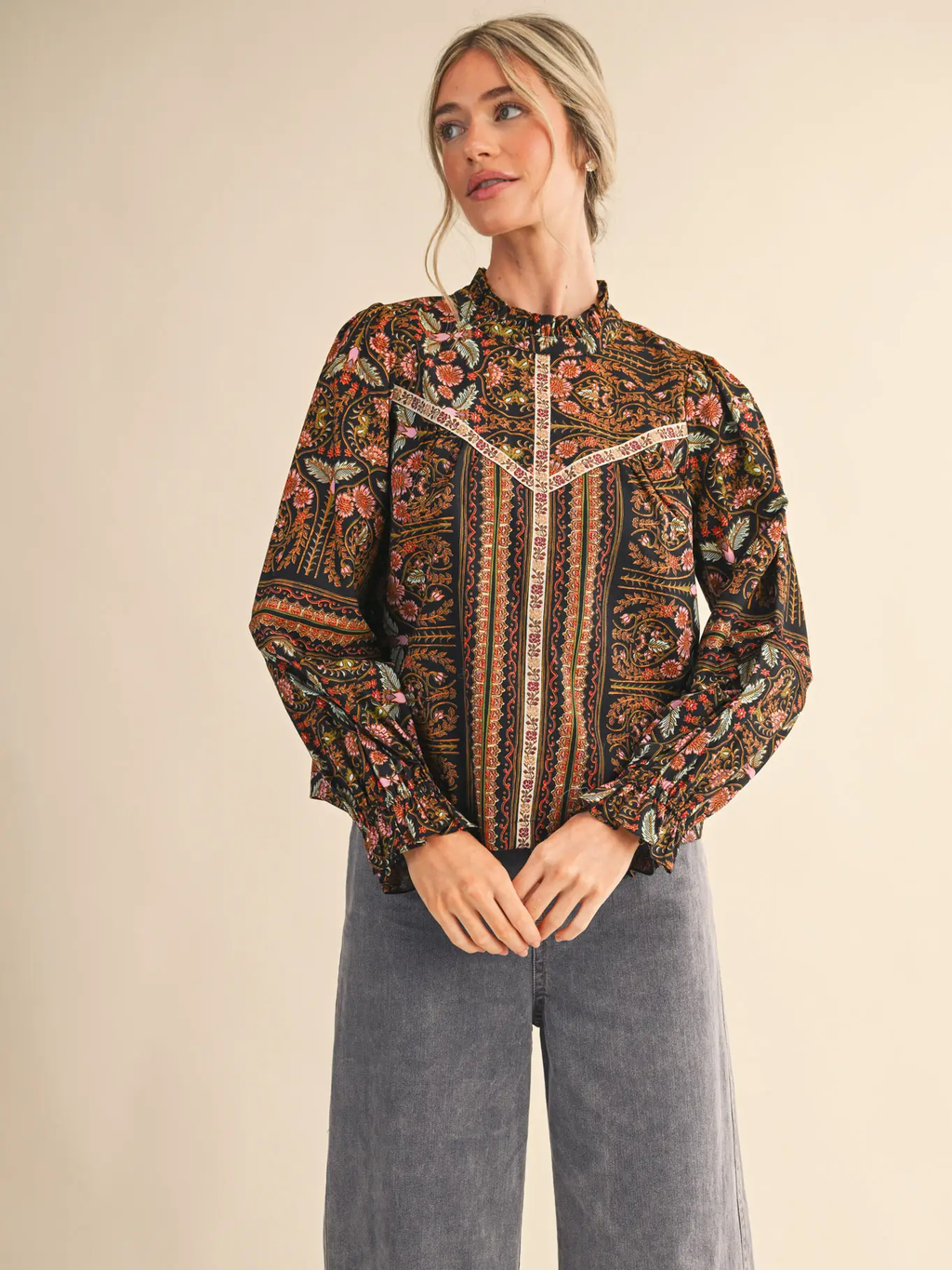 Exclusive Floral Print Top with Floral Trim - BLACK MULTI