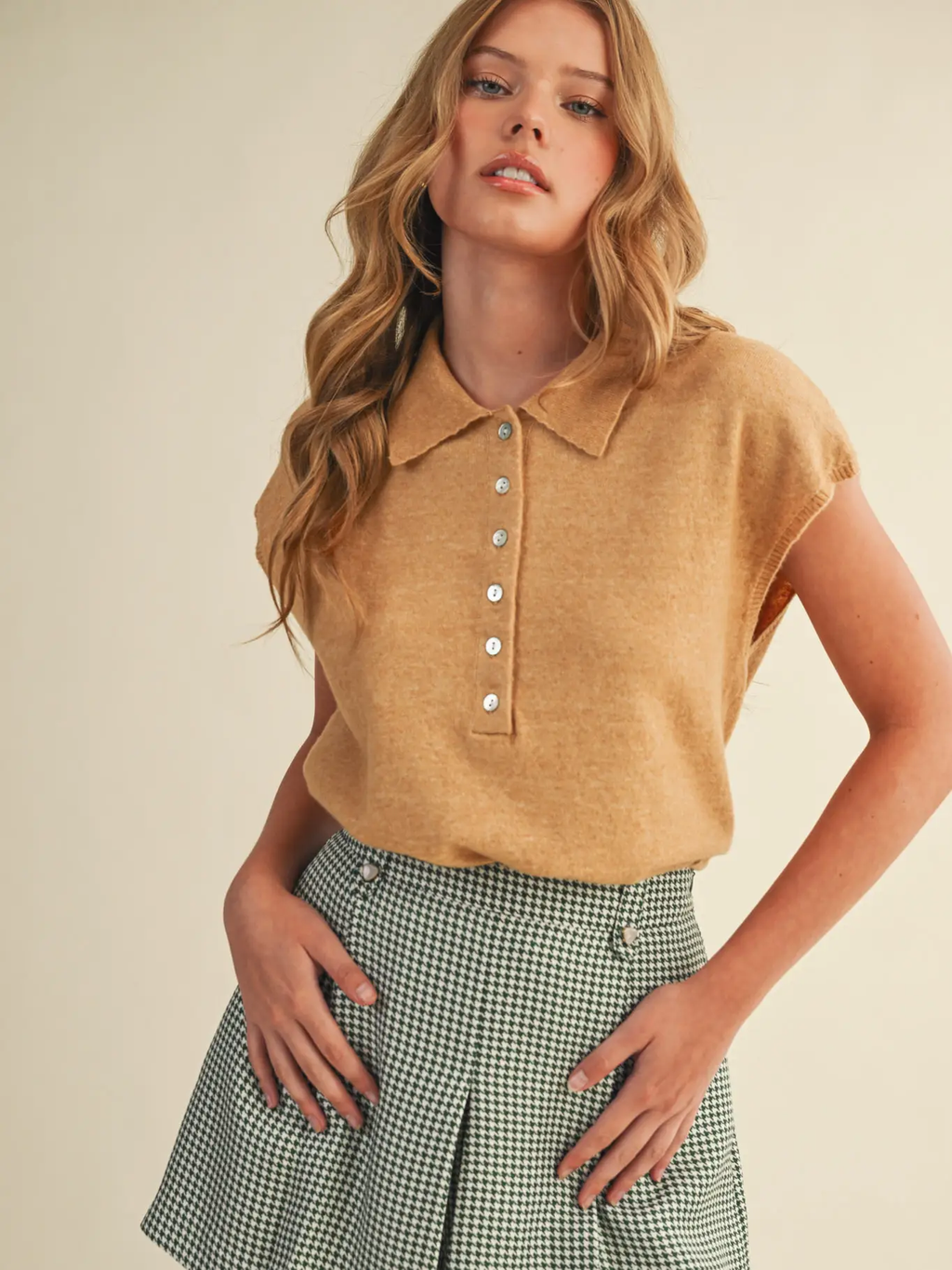 Cap Sleeve Collared Sweater Vest - OLIVE