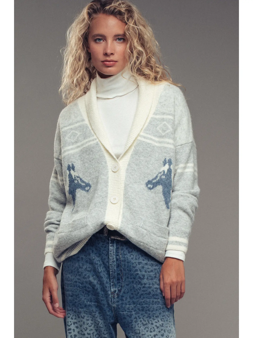 Horse Motif Shawl Collar Cardigan - GREY