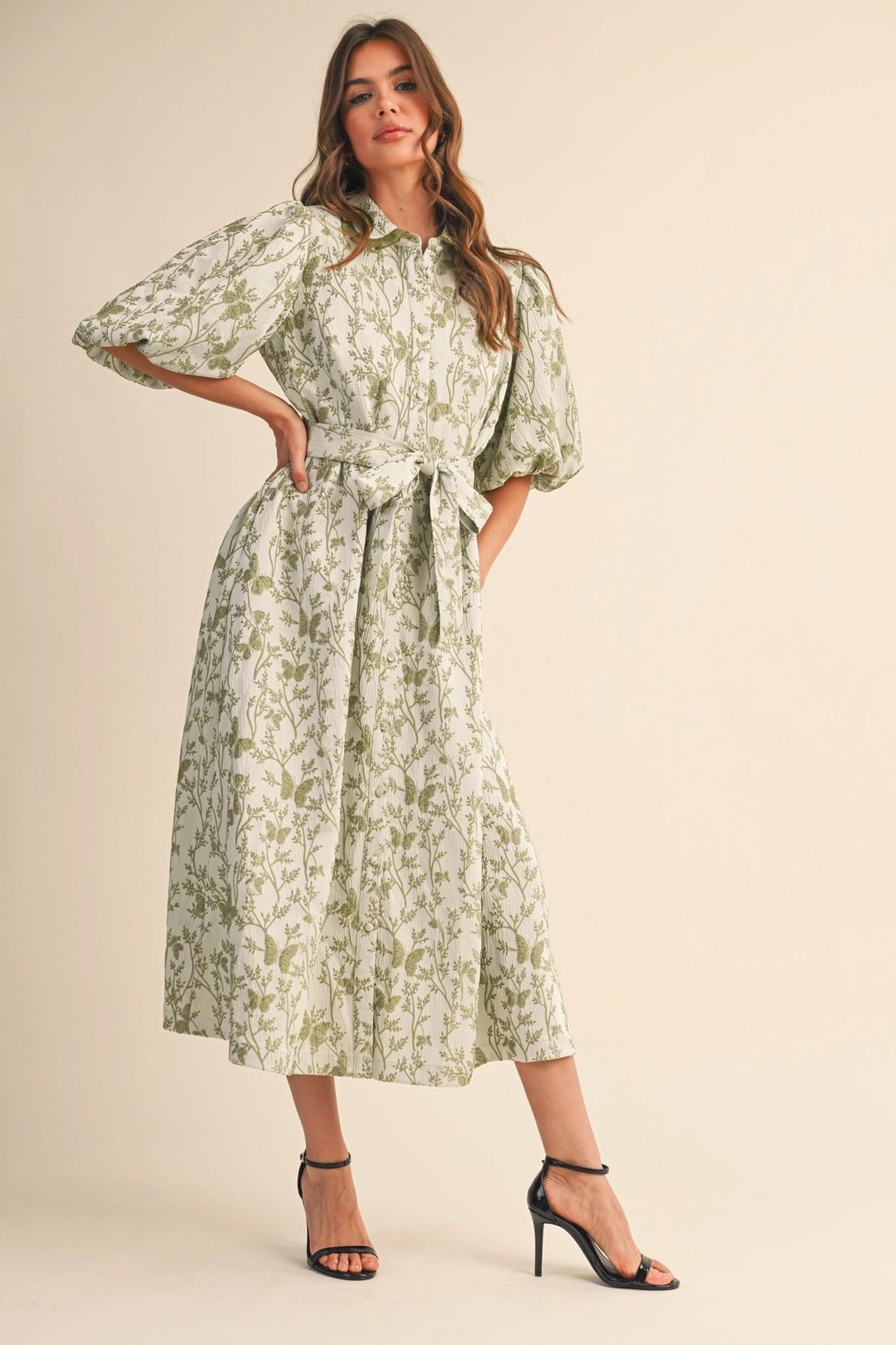 Jacquard Bubble Sleeve Button Down Midi Dress  - SAGE GREEN