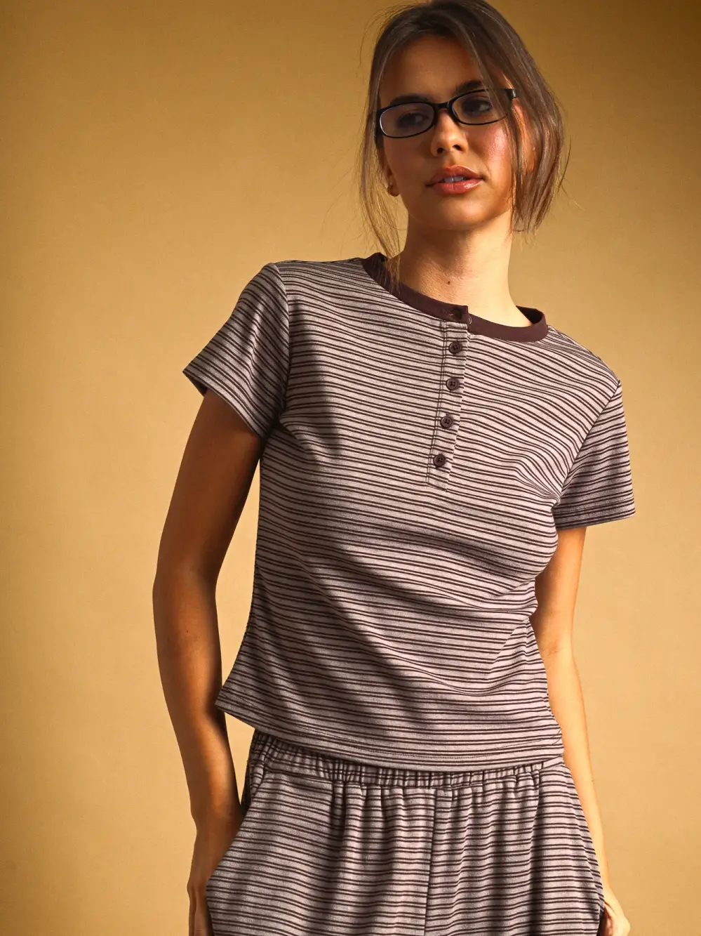 Double Striped Pattern Half Snap Button Top - Brown