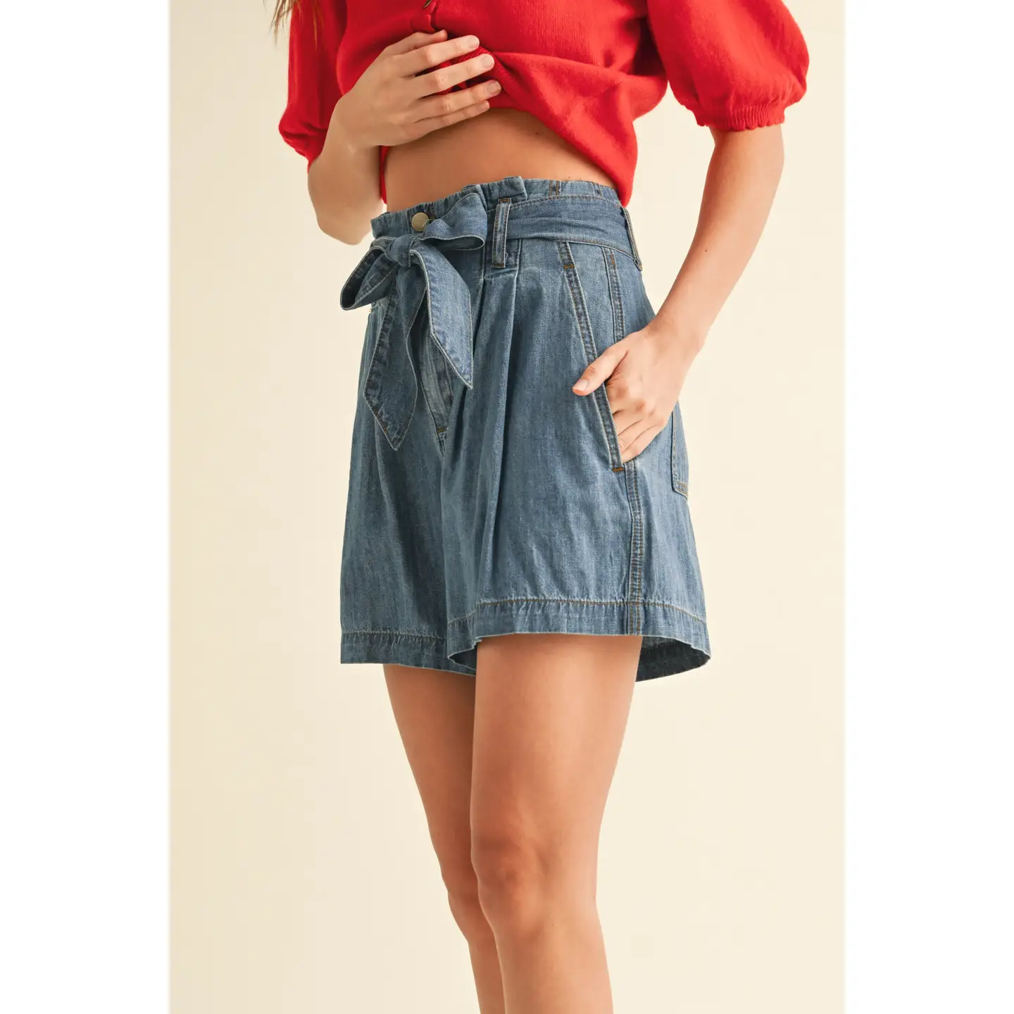 Chambray Denim Paperbag Waist Shorts