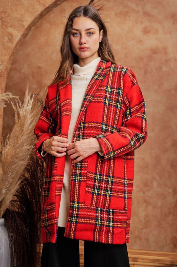 Multi Flannel Loose Fit Pocket Open Long Jacket - Red Multi