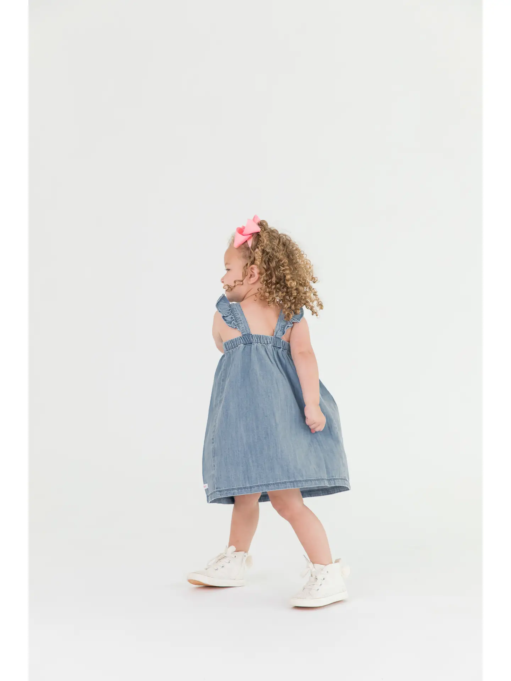 Girls Light Wash Denim Flutter Bow Woven Dress