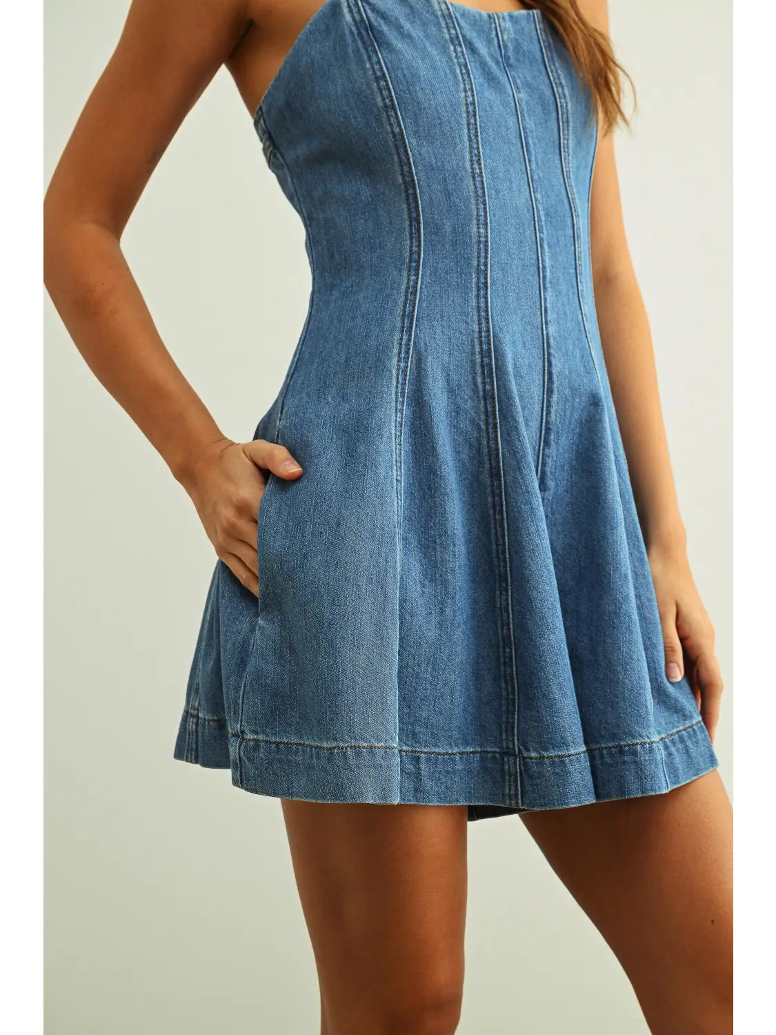 Paneled Washed Denim Romper