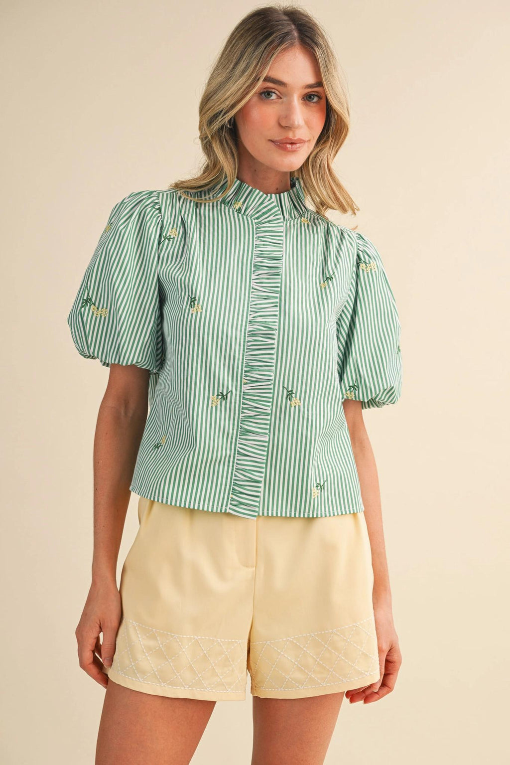 Floral Embroidery Striped Ruffled Button Down Top - Green Stripe