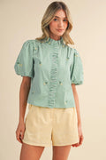 Floral Embroidery Striped Ruffled Button Down Top - Green Stripe
