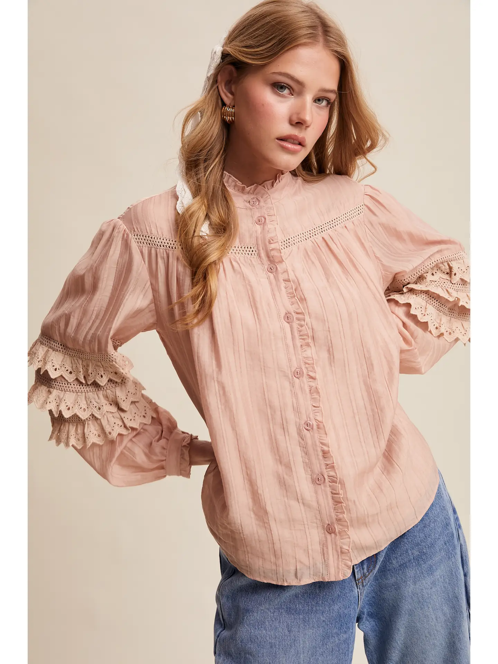 Lace Ruffle Sleeve Pintuck Blouse - BLUSH