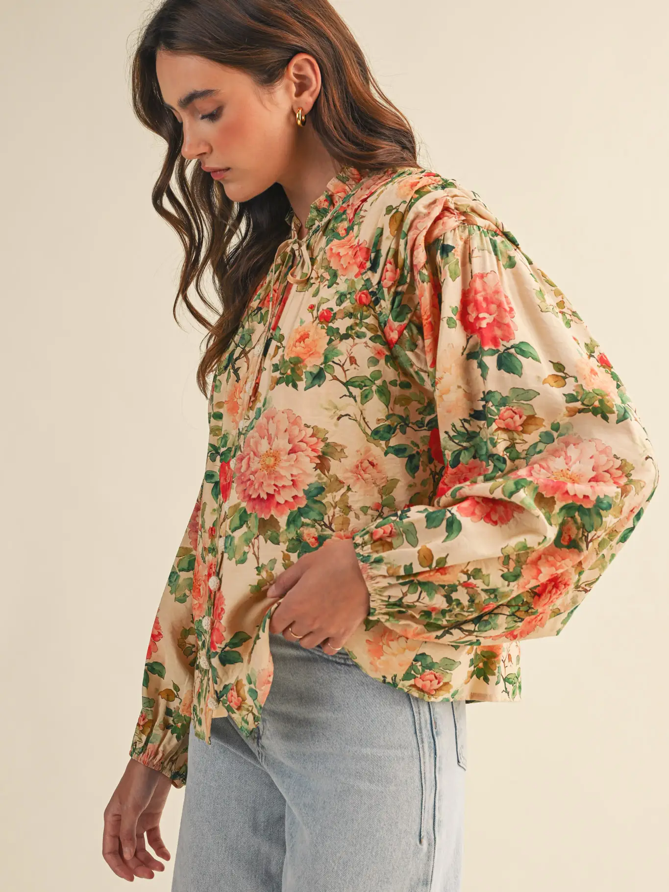Floral Ruched Button Down Blouse - PEACH