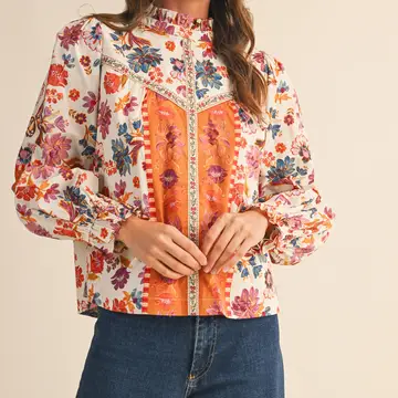 Exclusive Floral Border Print Top with Floral Trim - IVORY MULTI
