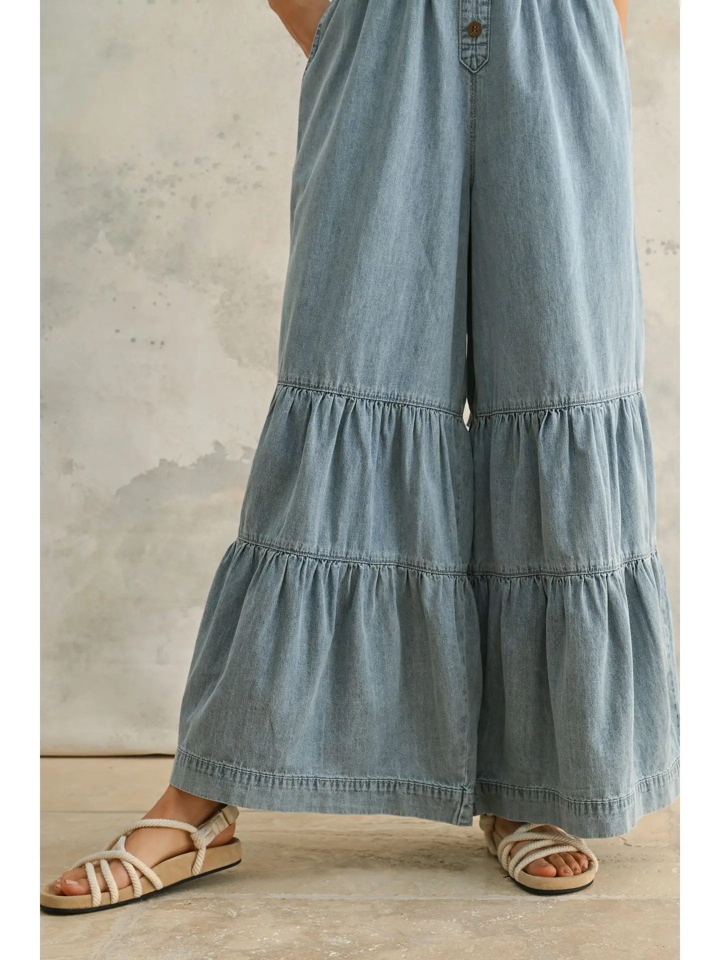 Tiered Bottom Detail Chambray Jumpsuit
