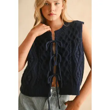 Tie Front Cable Knitted Vest - Navy
