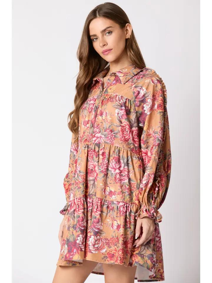 Vintage Floral Printed Corduroy Shirt Dress - Mustard