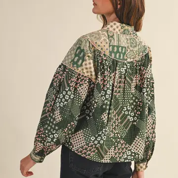 Mixed Patchwork Print Button Down Top - Green