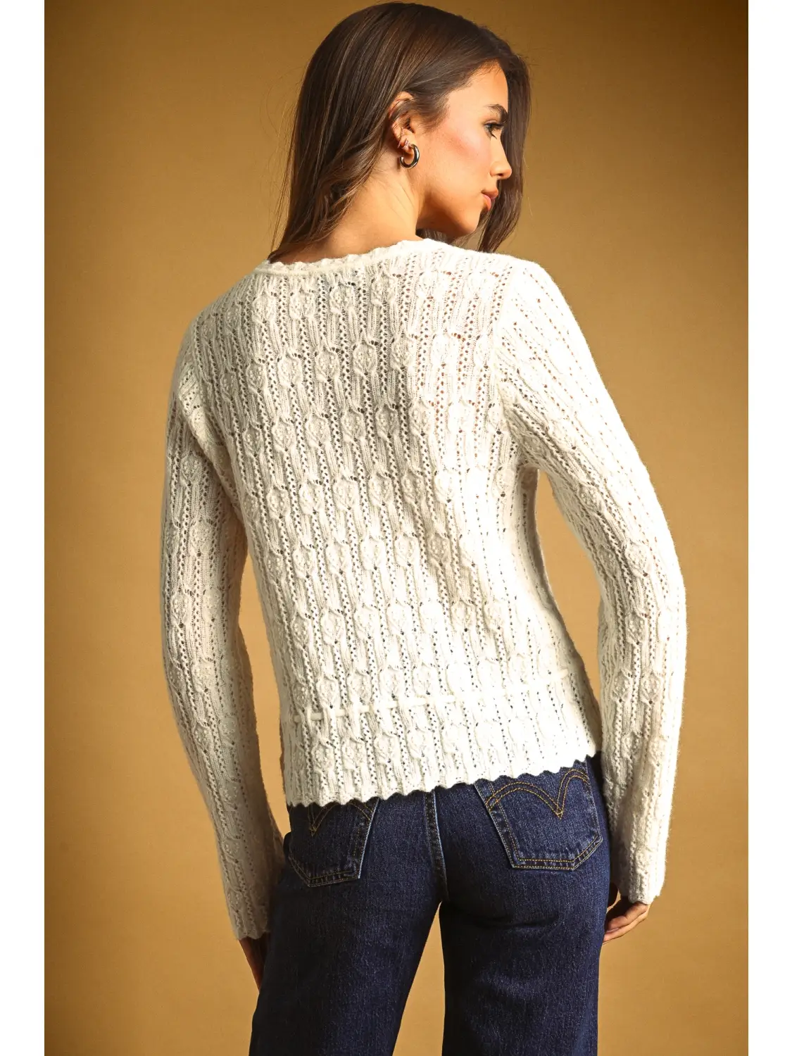Lace Knit with Drawsting On Waist Knit Cardigan - CREAM