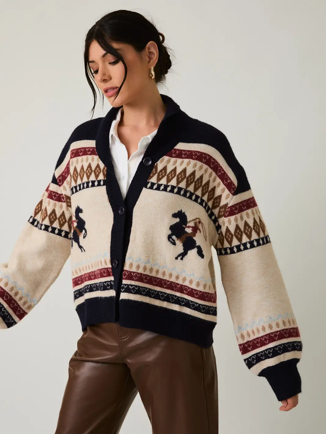 Horse Graphic Button Up Oversize Sweater Cardigan