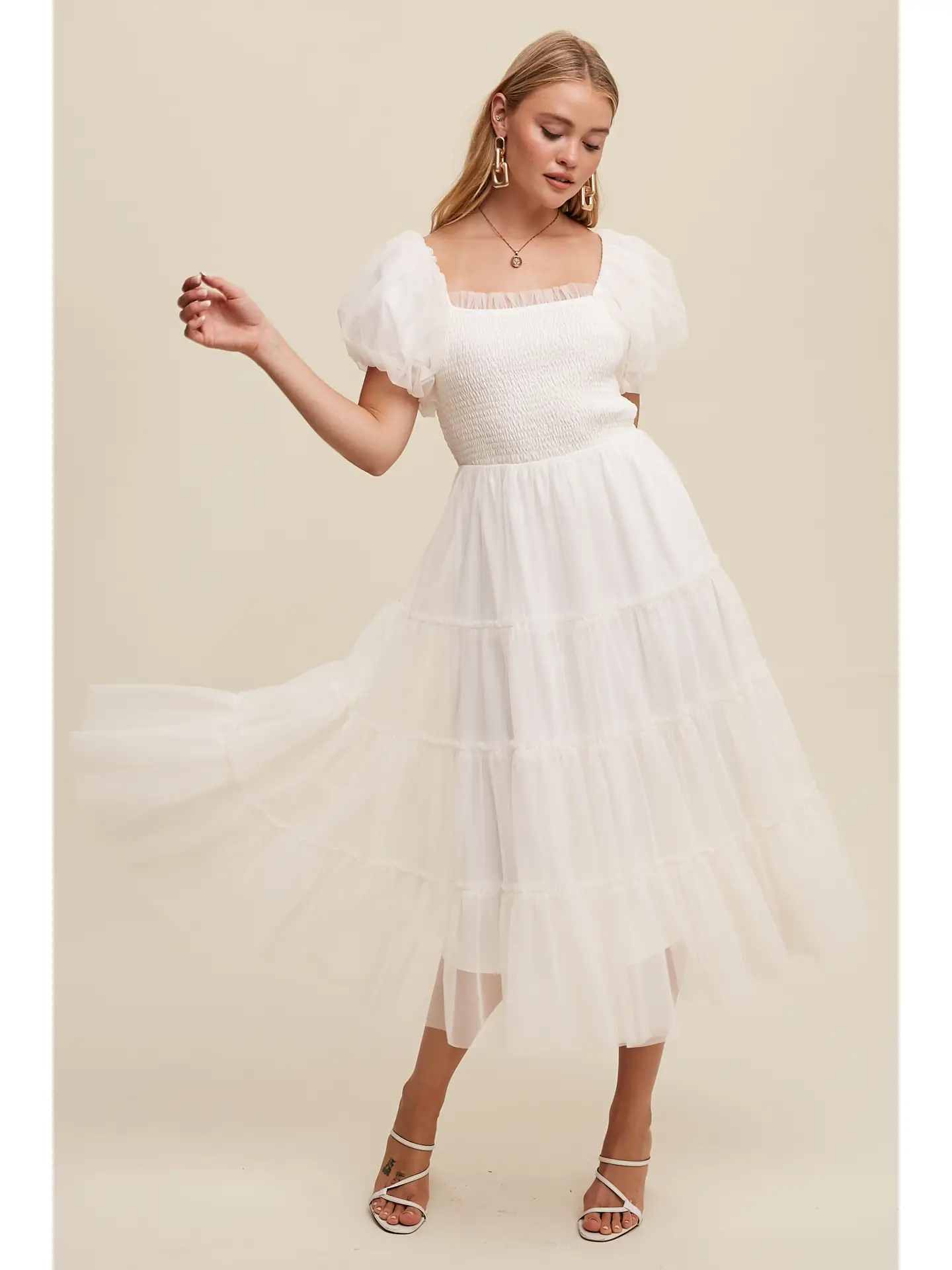 Tulle Smocked Puff Sleeve Midi Dress