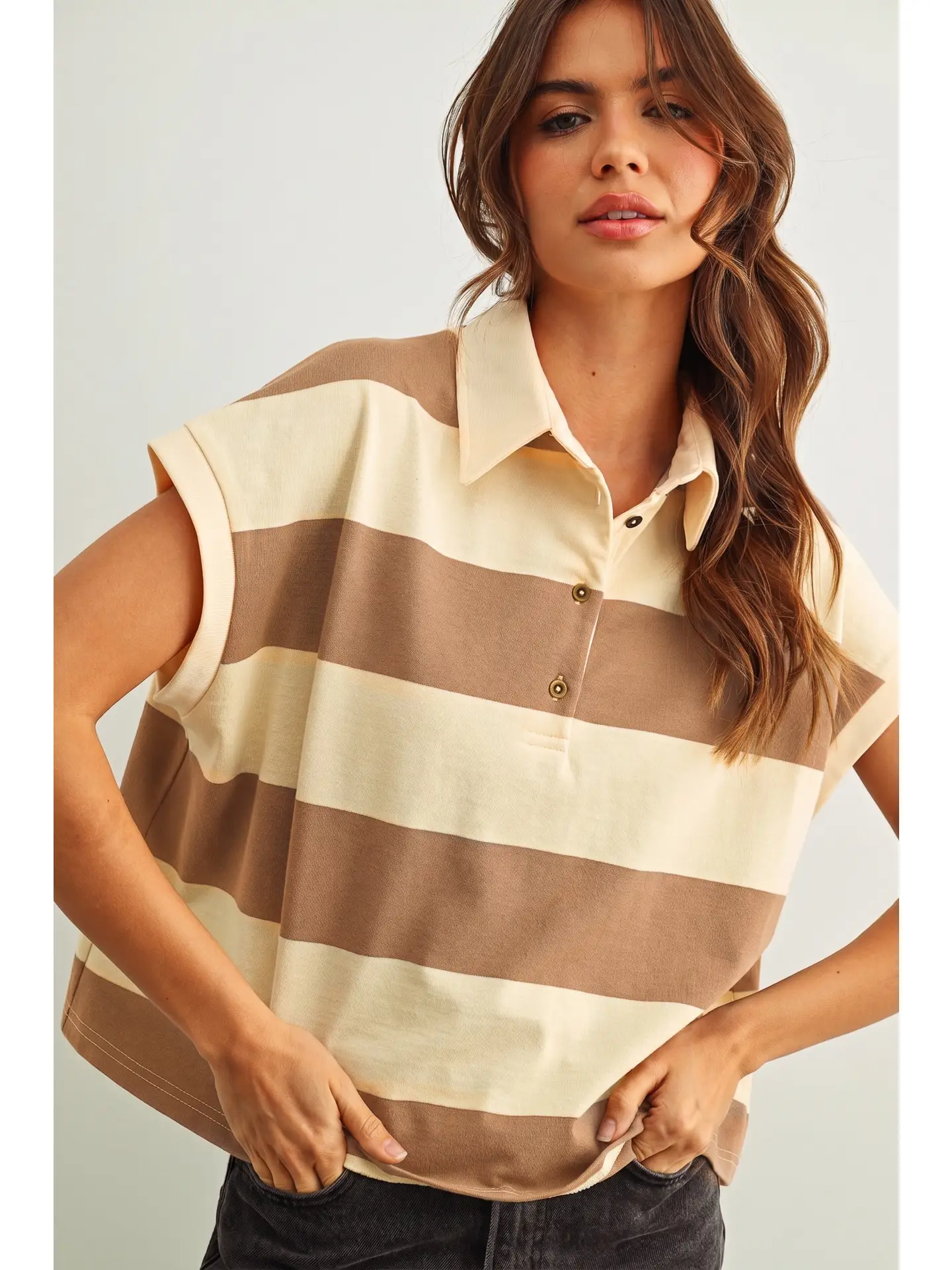 Wide Striped Sslv Polo Shirts - BEIGE/TAN