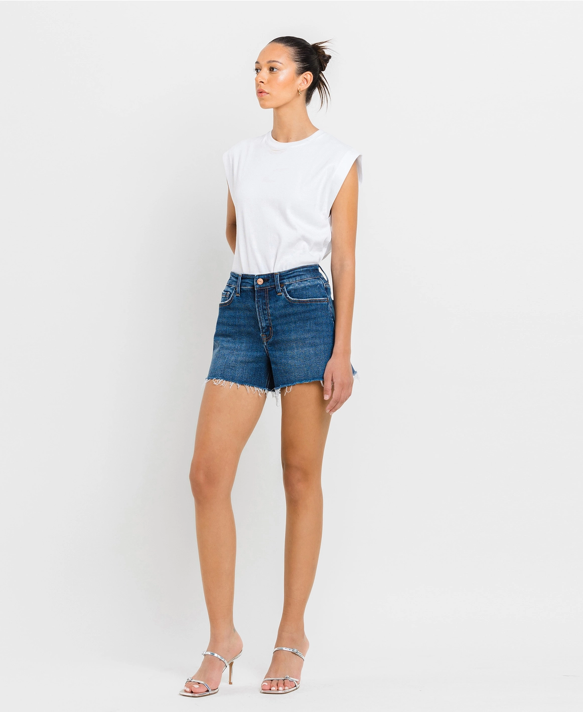 High Rise Distressed Hem A-Line Shorts | Swerve
