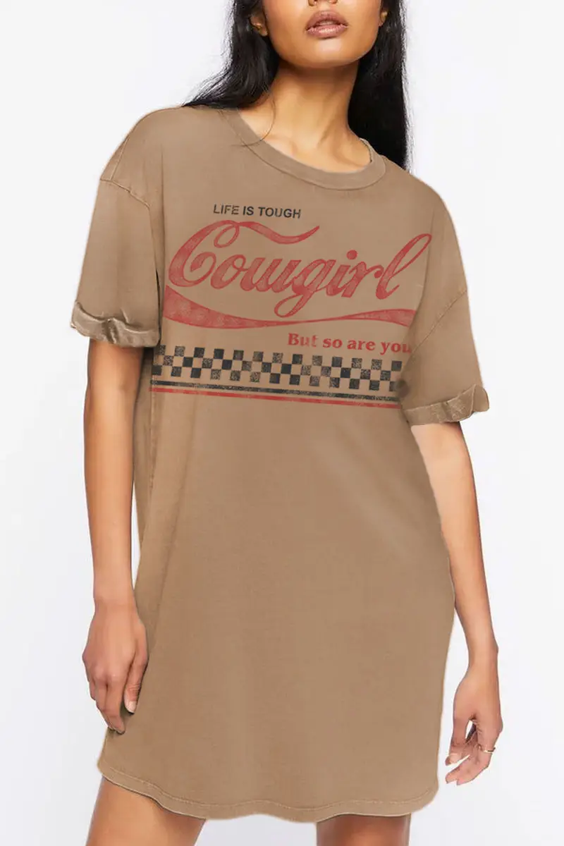 COWGIRL LIFE IS TOUGH GRAPHIC DRESS - MINERAL TAUPE