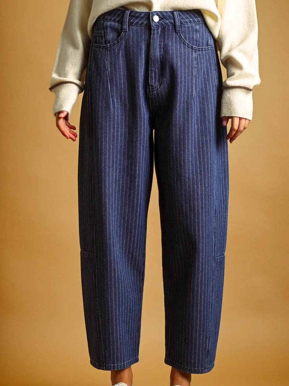 Pinstriped Denim Barrel Pants