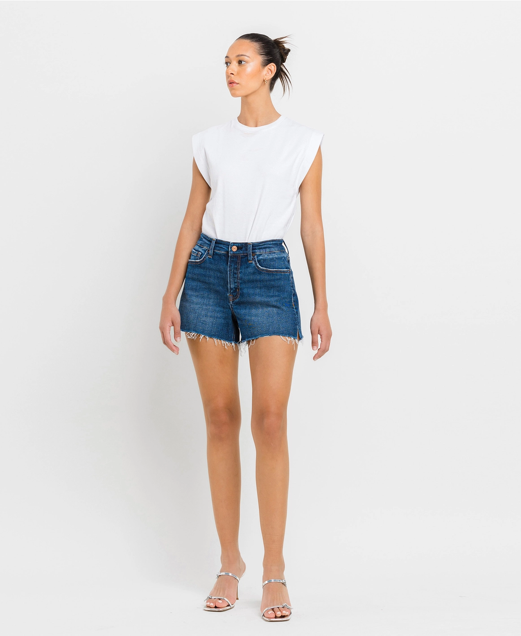 High Rise Distressed Hem A-Line Shorts | Swerve