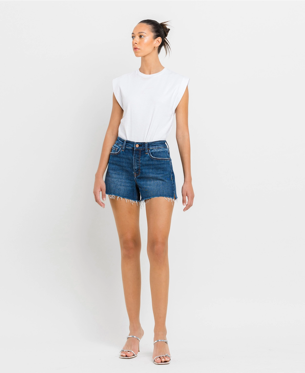 High Rise Distressed Hem A-Line Shorts | Swerve