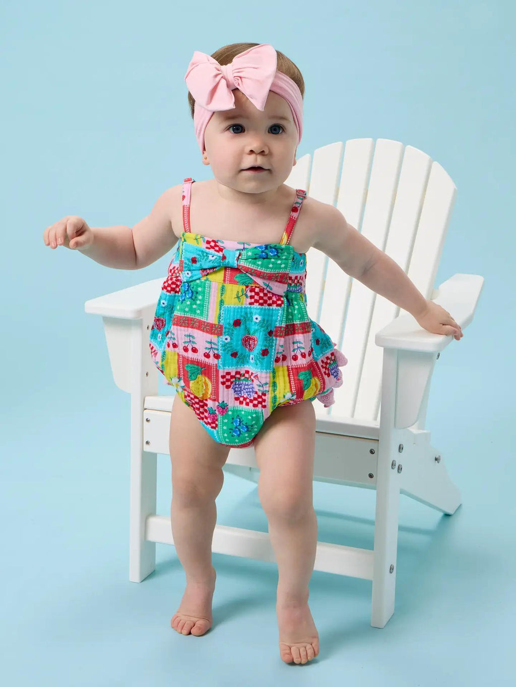 Baby Girls Picnic Party Patchwork Cotton Gauze Bow Front Bubble Woven Romper