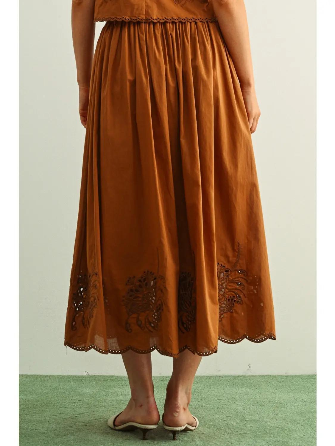 Embroidery Bottom Long Full Skirt -COFFEE