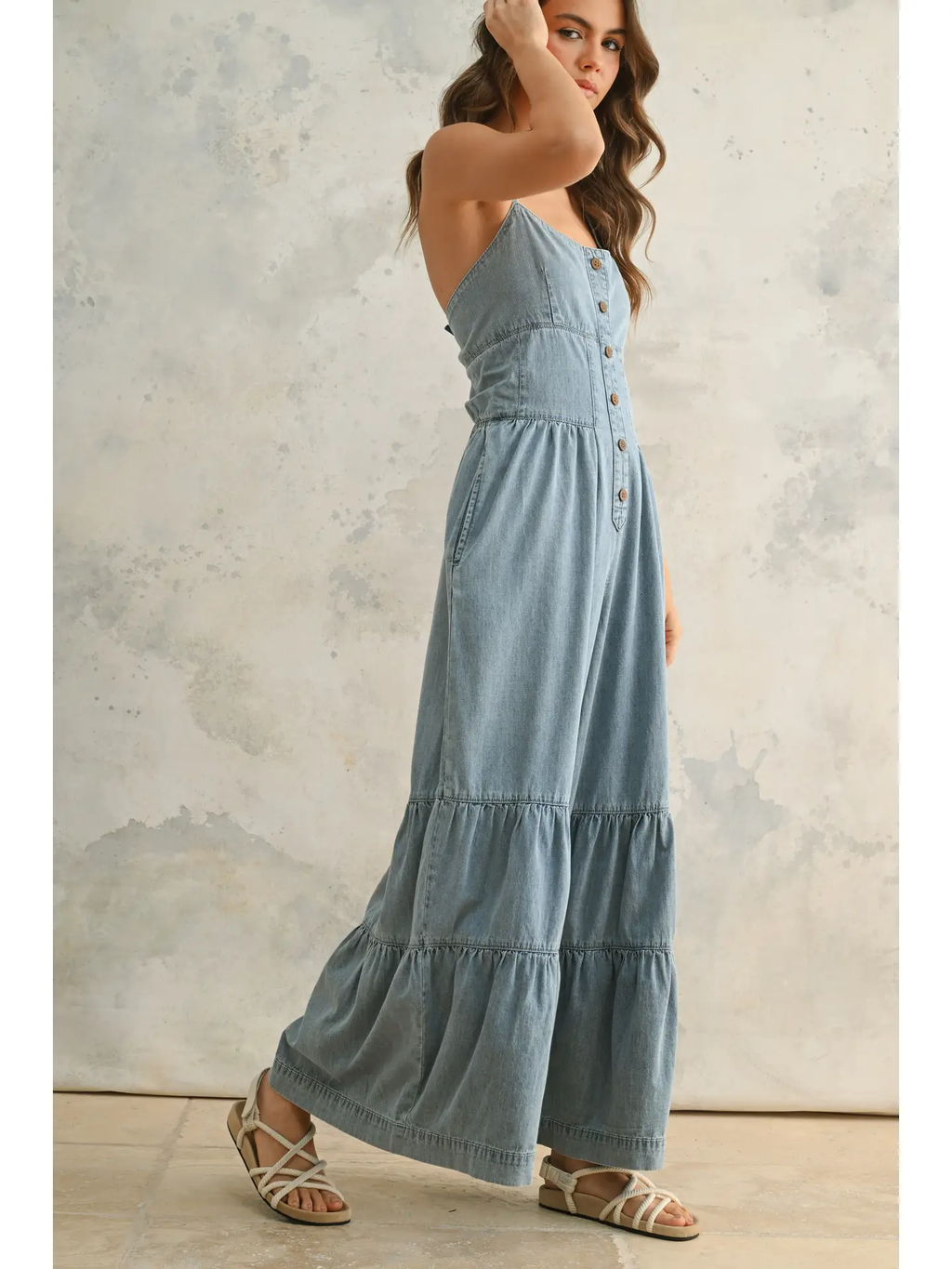 Tiered Bottom Detail Chambray Jumpsuit