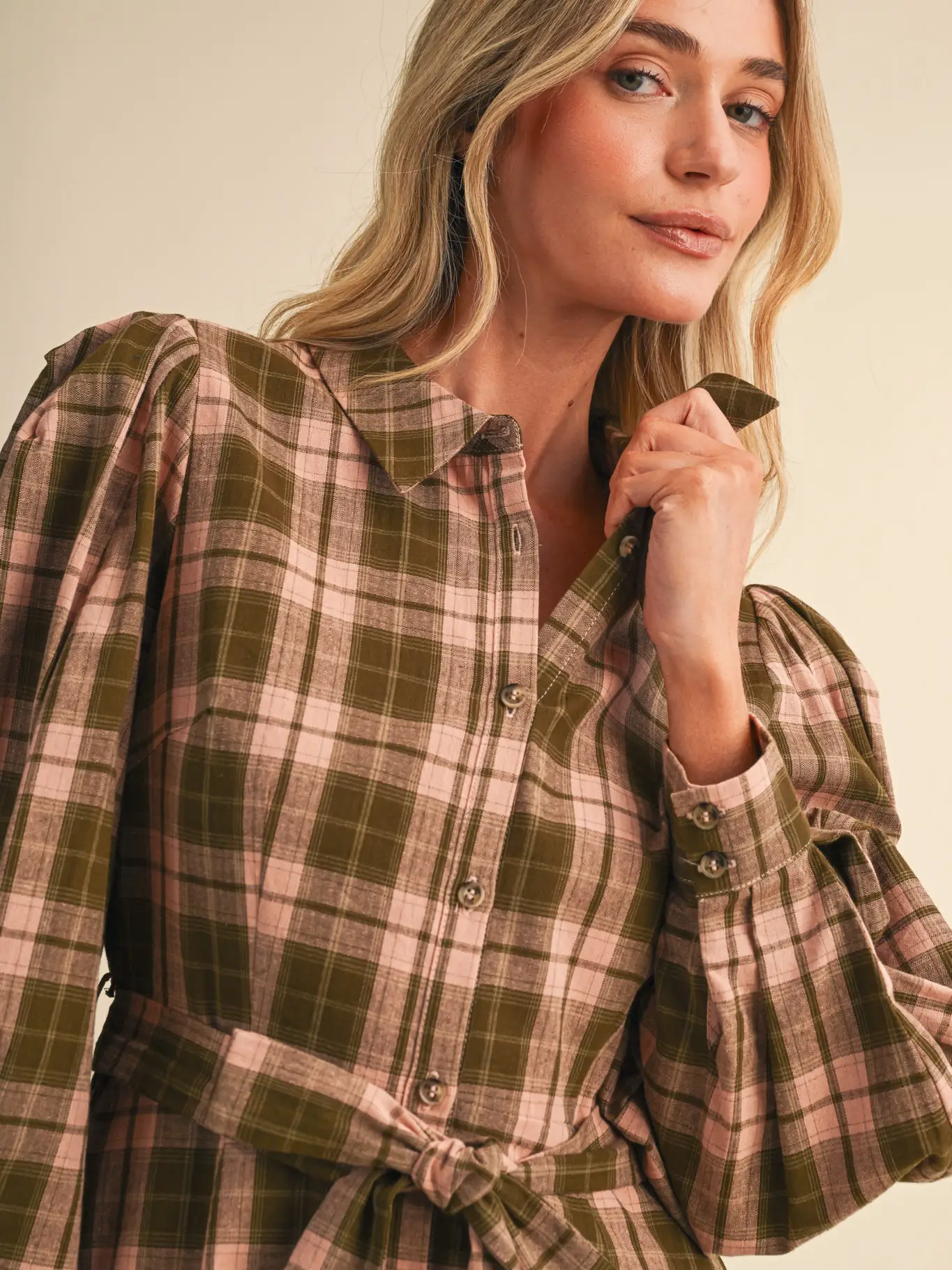 Plaid Button Down Belted Midi Dress