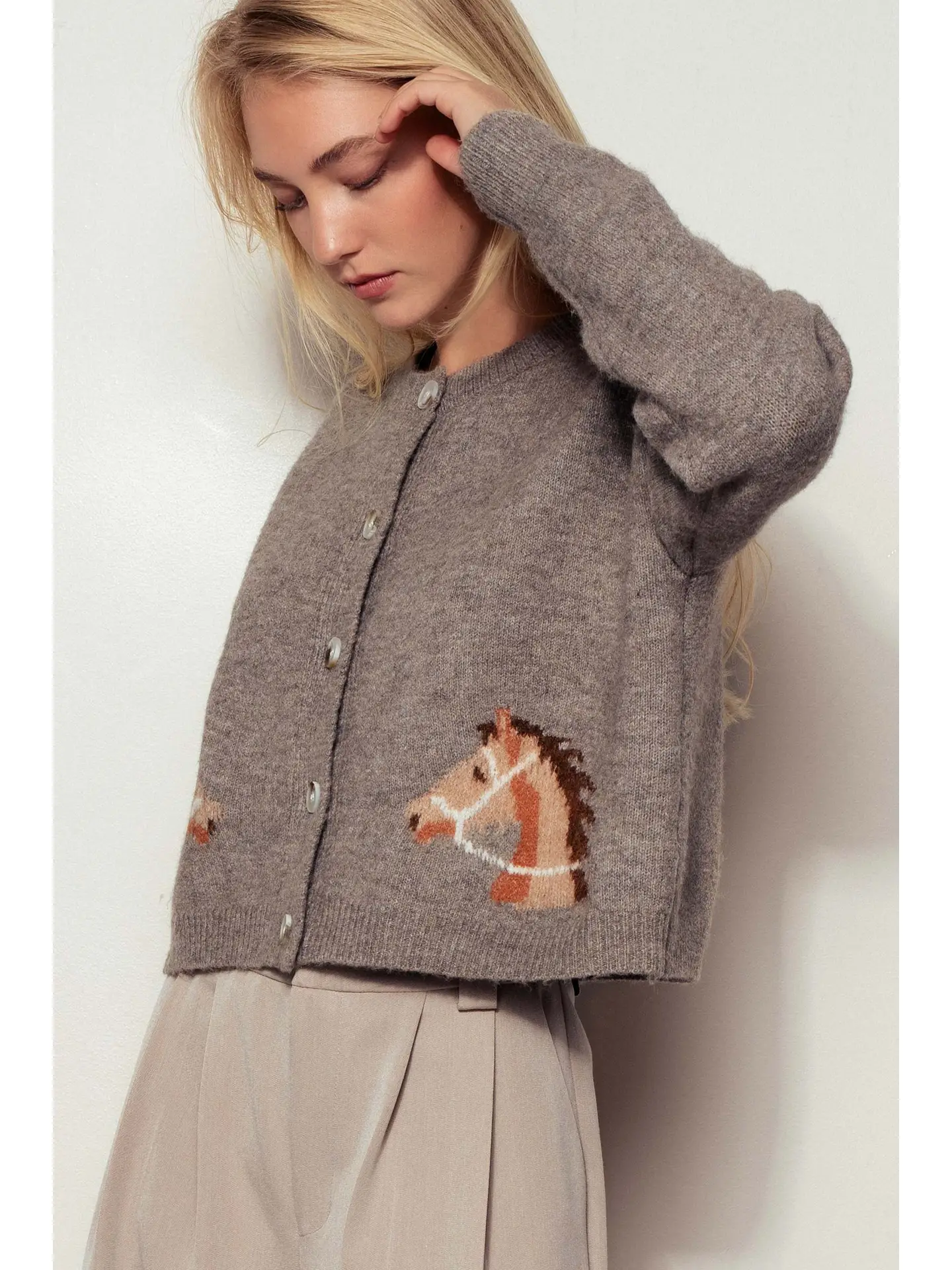 Western Horse Graphic Ribbed Trim Crew Neck Cardigan - MOCHA
