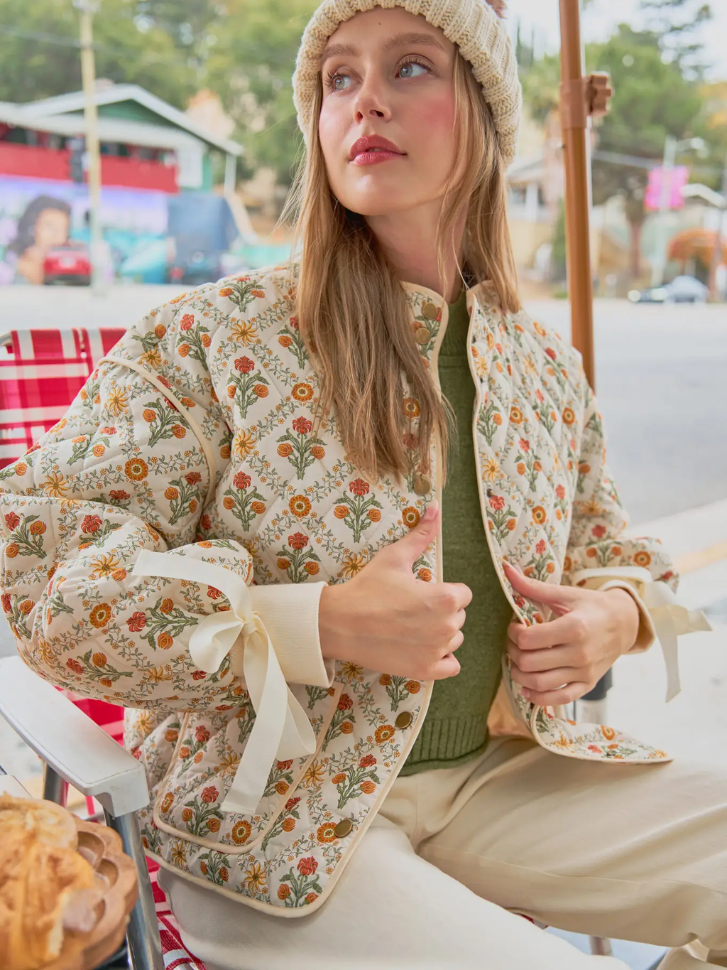 Floral Quilted Jacket with Ribbon Detail