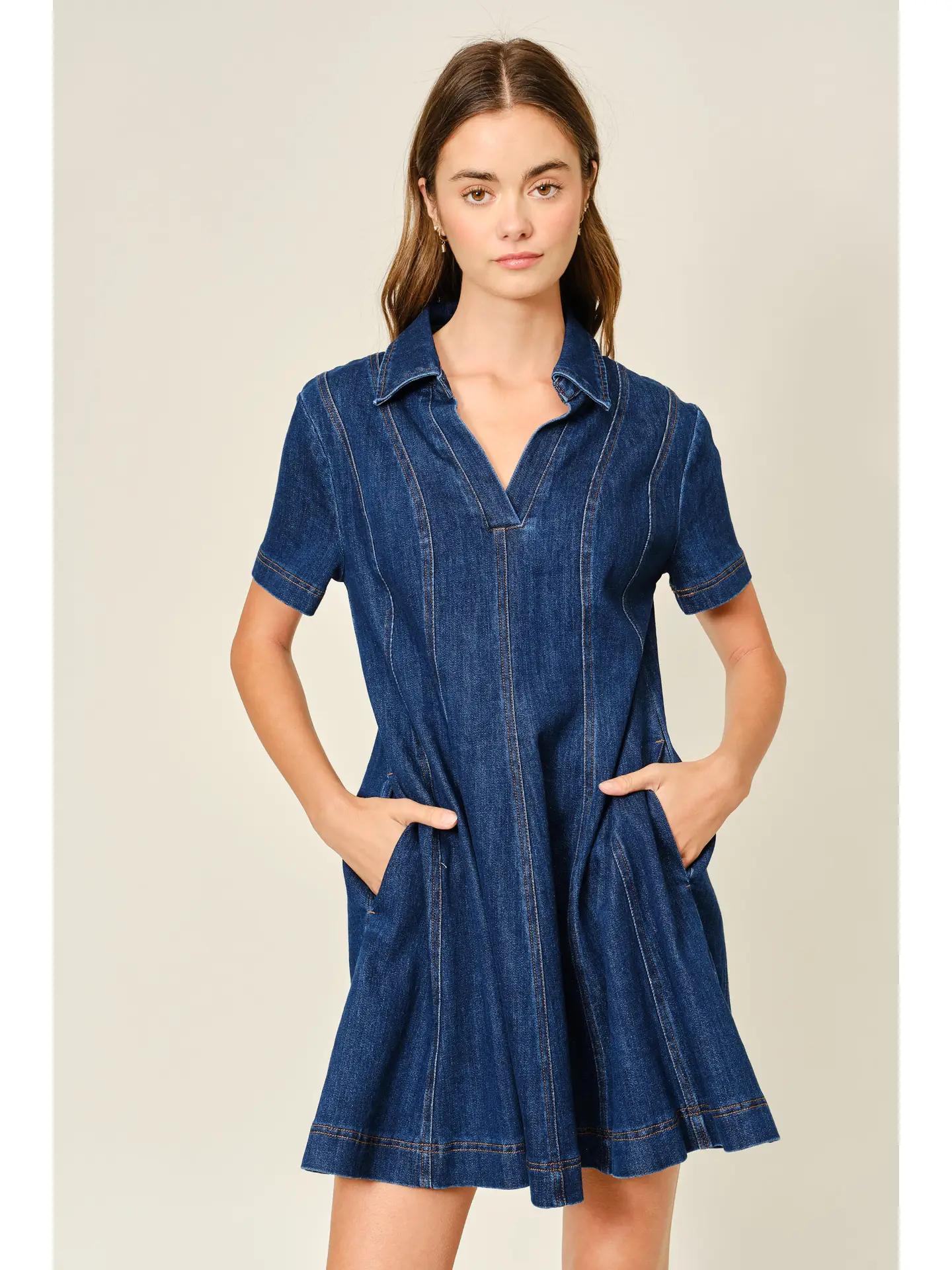 Dart Denim Short Sleeve A Line Dress