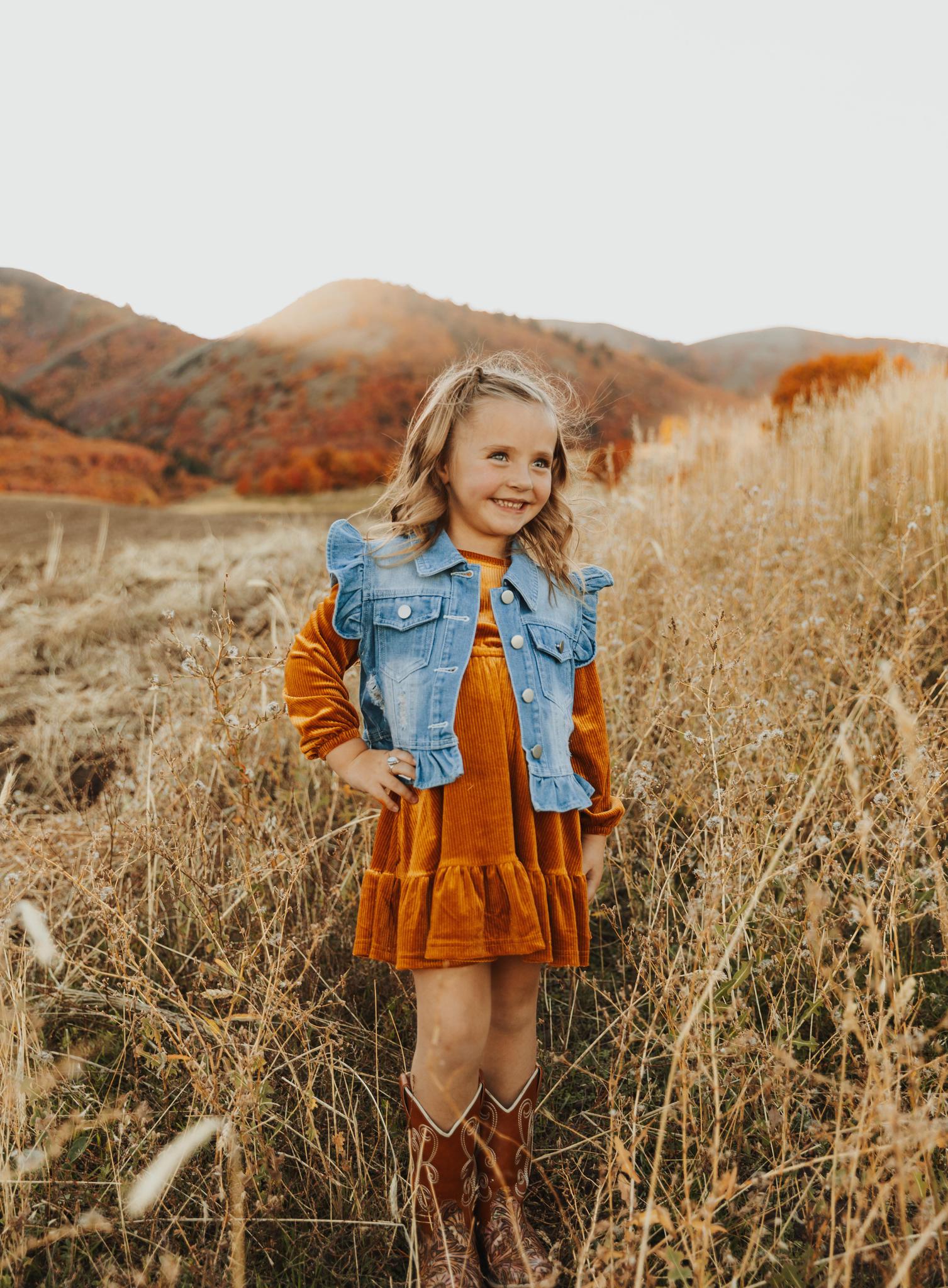 BROWN CORDUROY RUFFLE GIRL DRESS