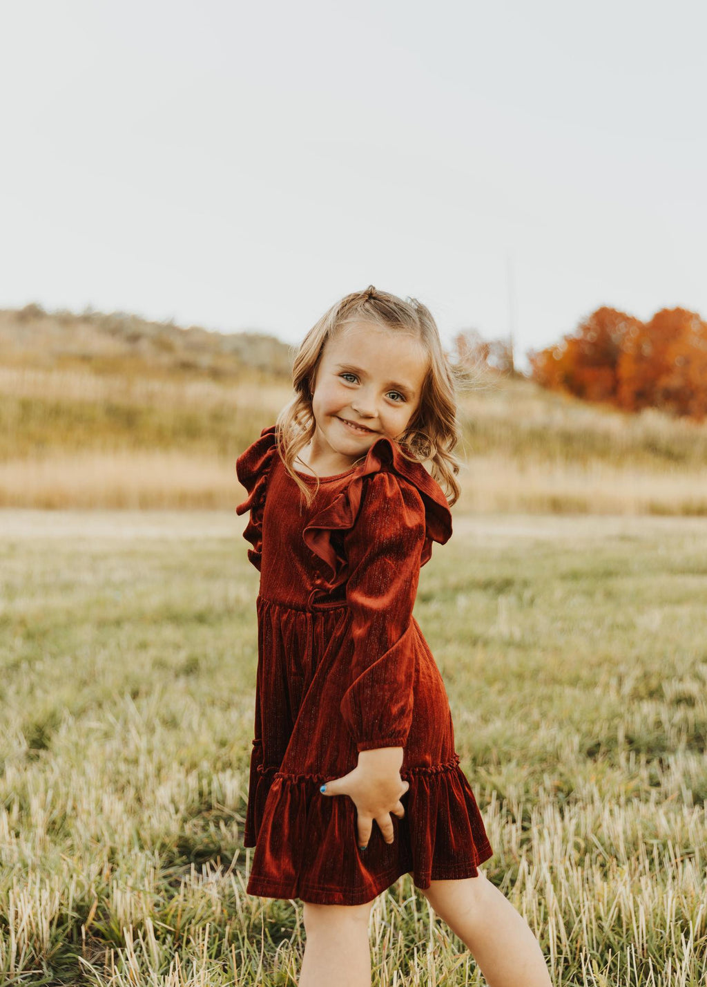 BURGUNDY VELVET RUFFLE GIRL DRESS