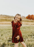 BURGUNDY VELVET RUFFLE GIRL DRESS