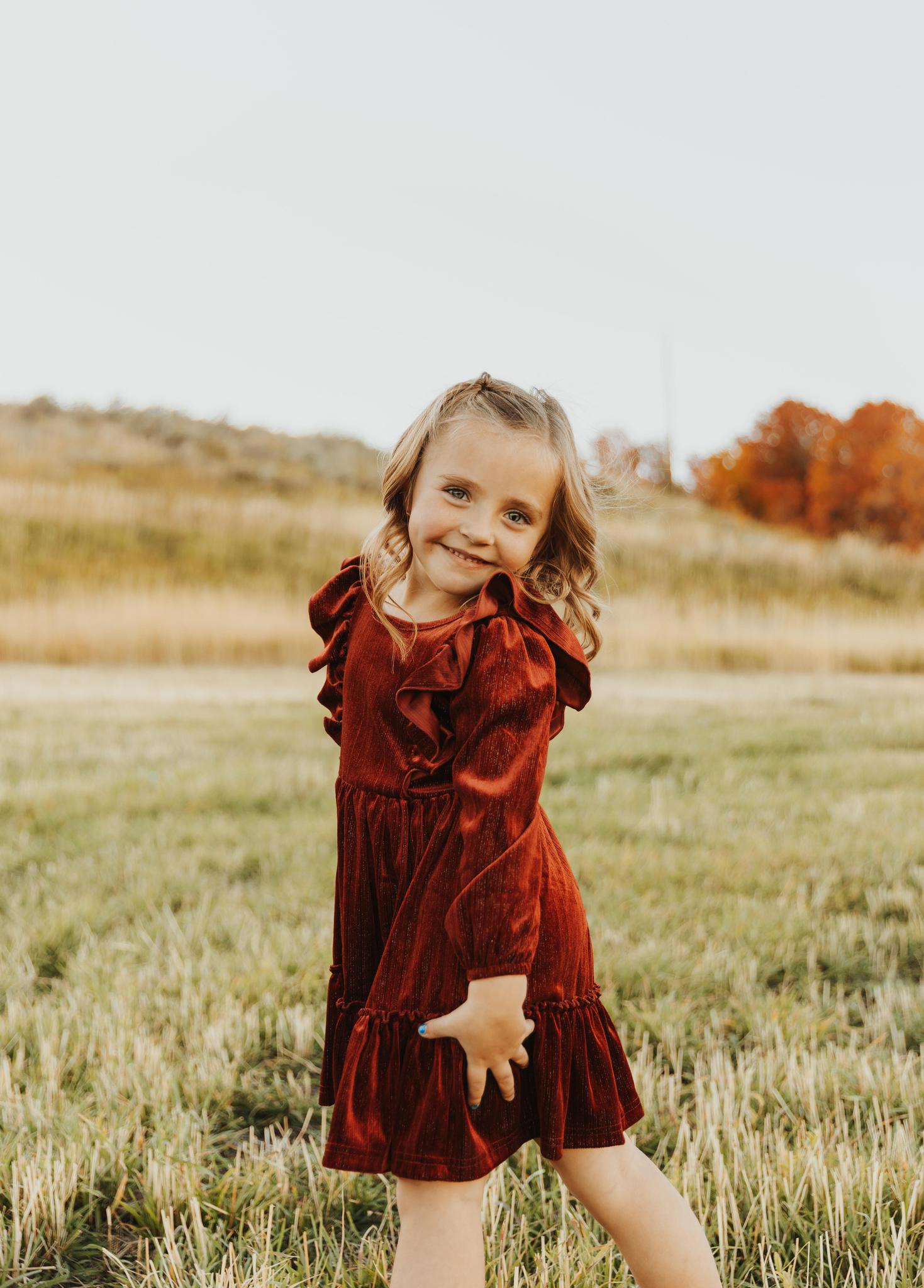 BURGUNDY VELVET RUFFLE GIRL DRESS