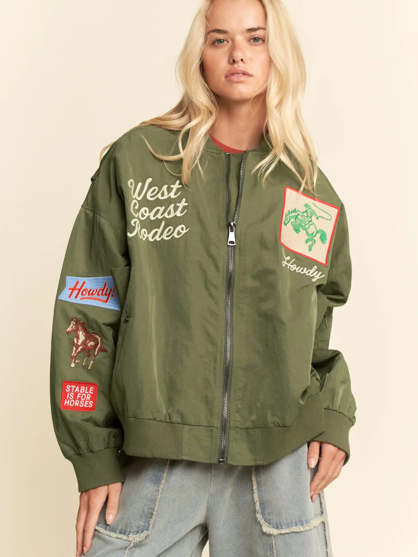 West Coast Rodeo Embroidered Bomber Jacket - ARMY GREEN