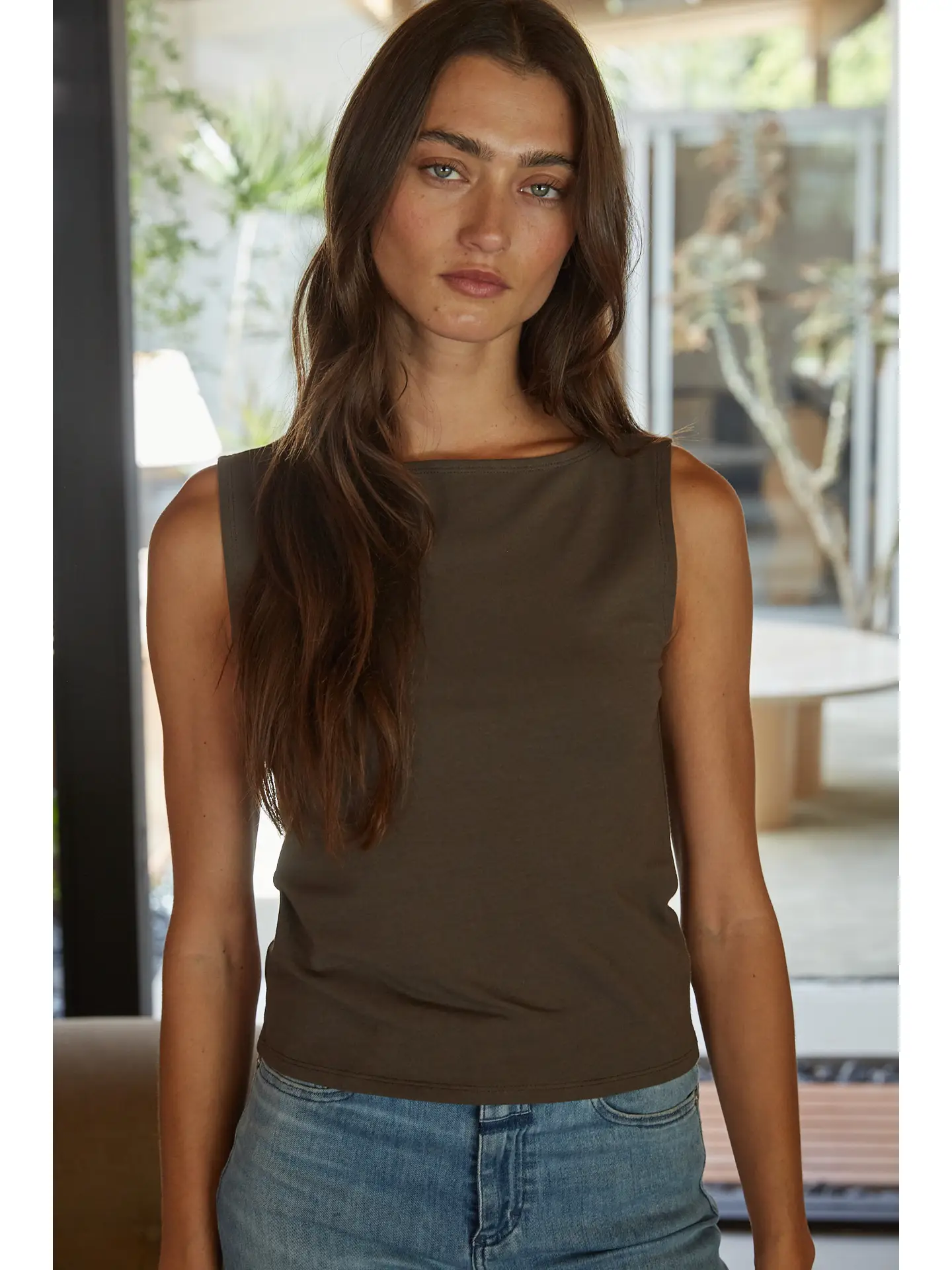 Knit Cotton Spandex Boat Neck Sleeveless Top