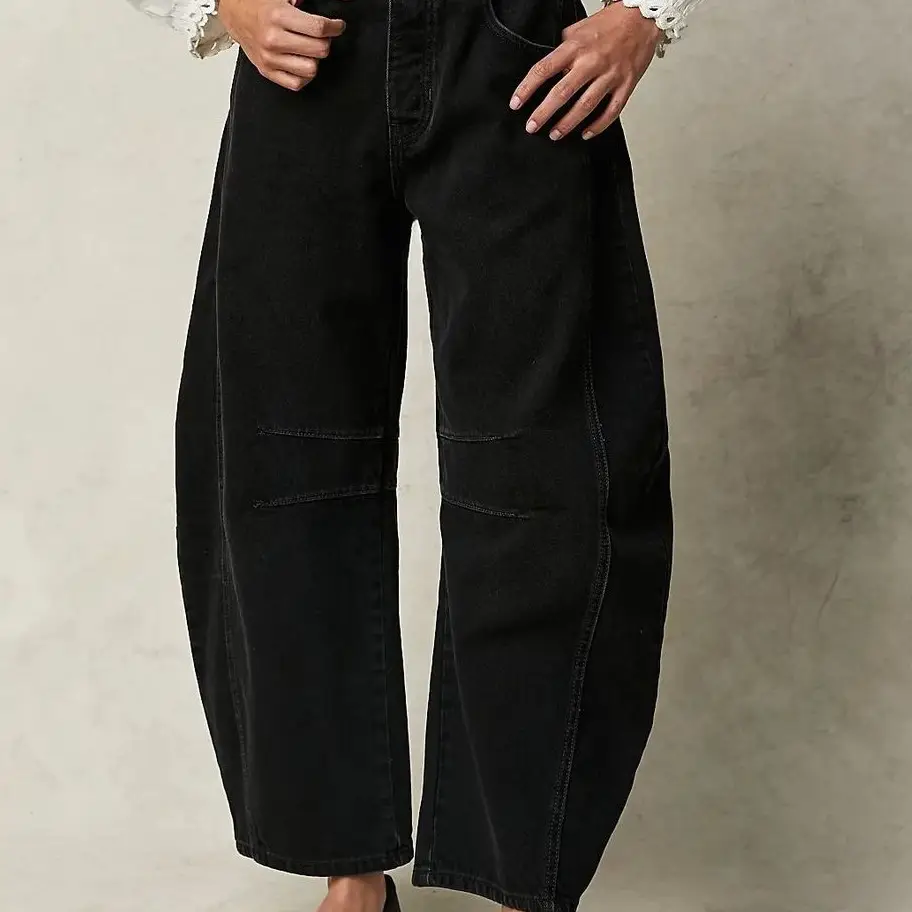Slouchy Curved Leg Shape Barrel Jeans - BLACK