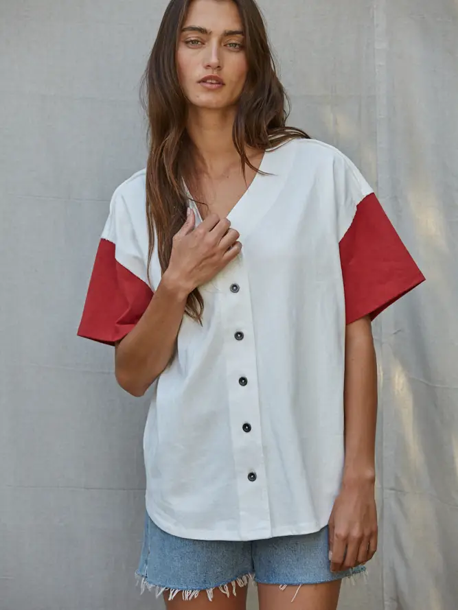 Knit Cotton Short Sleeve Button Down Baseball Shirt